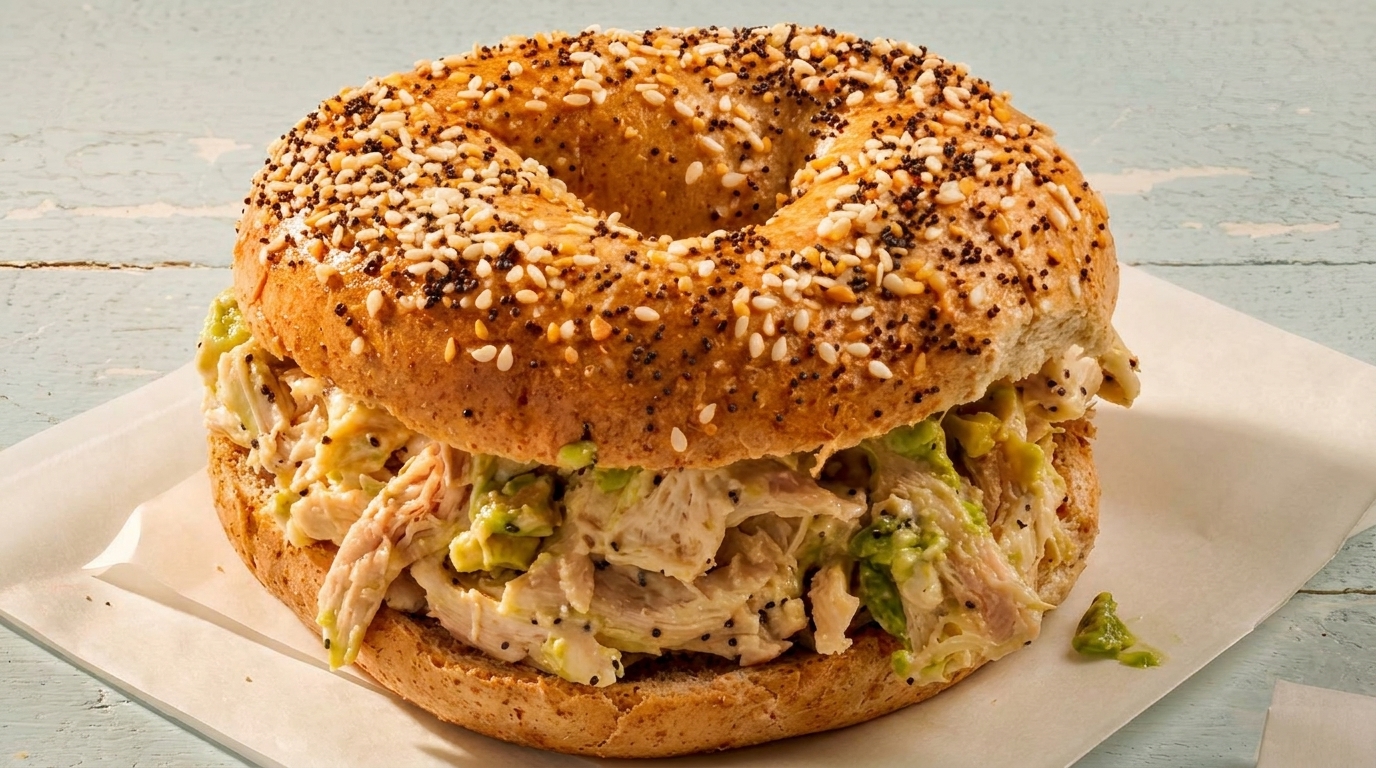Everything bagel with chicken salad and avocado on parchment paper, on a light blue wooden surface.