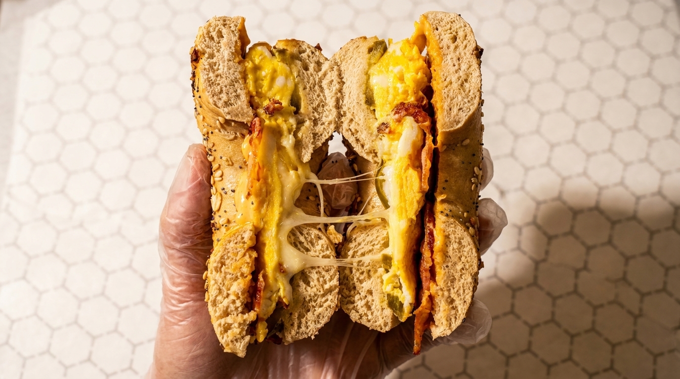 A gloved hand holds a sliced bagel sandwich filled with scrambled eggs, bacon, and melted cheese.