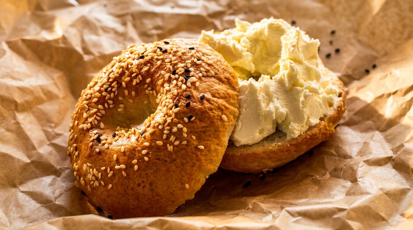 Sesame bagel with cream cheese on crumpled brown paper, illuminated by warm light.