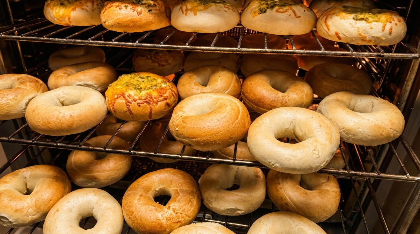Freshly baked bagels, some plain and some topped with cheese and herbs, on oven racks.