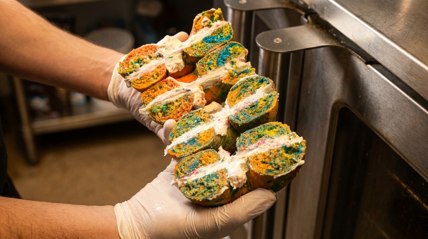 Gloved hands hold colorful rainbow bagels, sliced and filled with cream cheese, in a commercial kitchen.