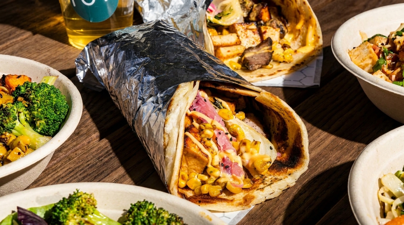 A close-up of a foil-wrapped burrito with corn, meat, and sauce, surrounded by other dishes.