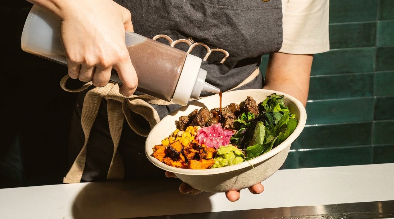 Hands holding a bowl of food, drizzling sauce over steak, sweet potatoes, corn, and greens.