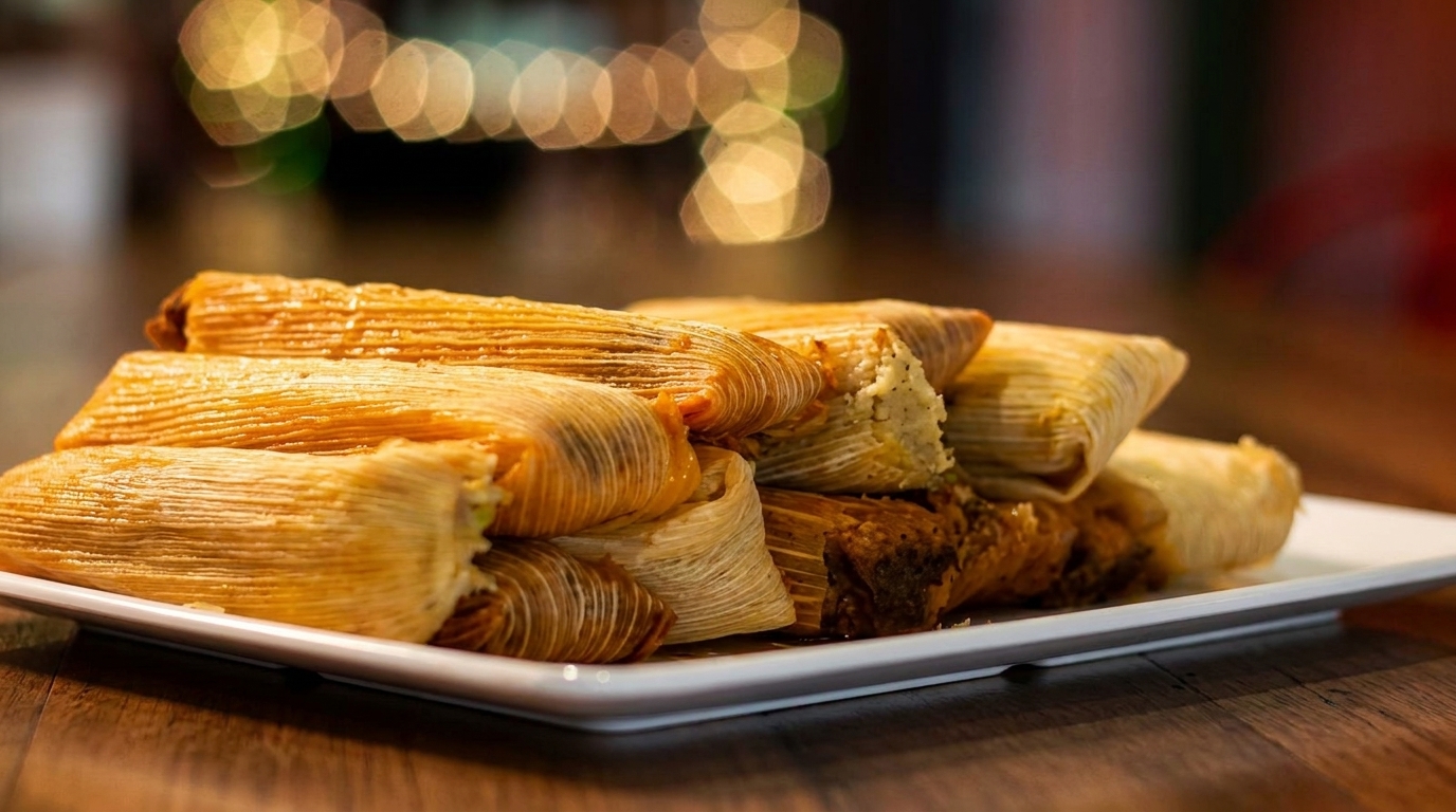 A white plate piled high with golden-brown tamales, some with filling visible, on a wooden table.