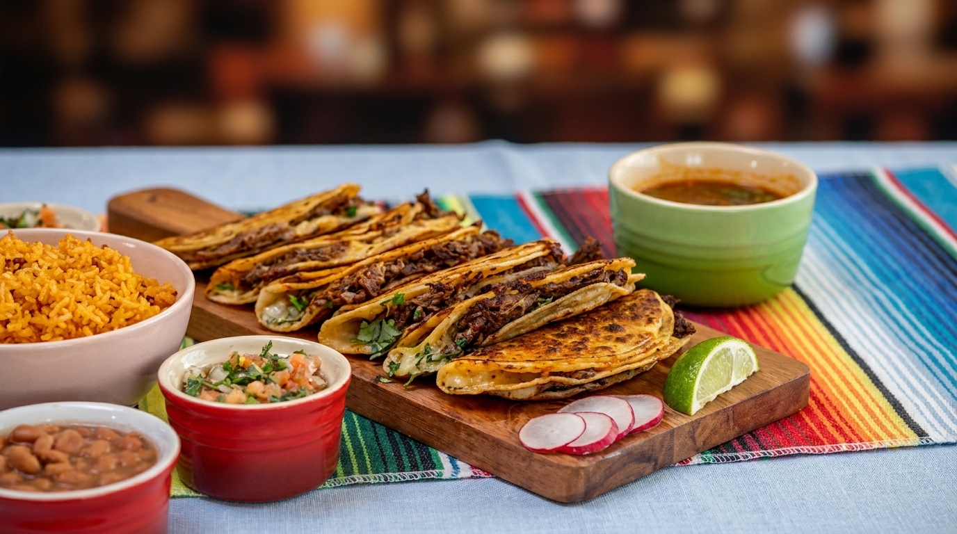 Birria tacos, rice, beans, salsa, and consommé on a colorful striped placemat.