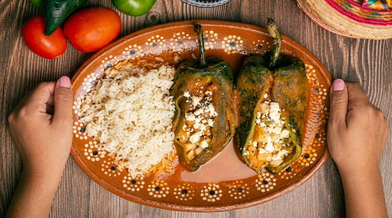 Hands holding a traditional Mexican plate with two chile rellenos, rice, and sauce.