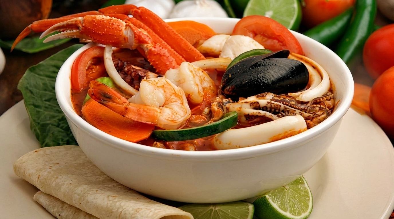 A vibrant seafood soup with crab, shrimp, mussels, and vegetables, served with tortillas and lime.