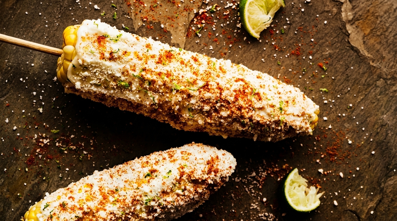 Two elotes, Mexican street corn, with cotija cheese, chili powder, and lime on a dark surface.