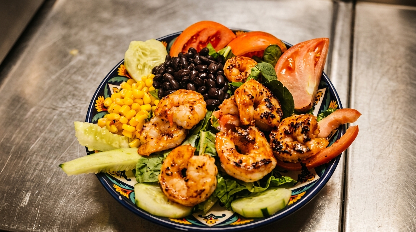 Grilled shrimp salad with corn, black beans, tomatoes, and cucumbers on a decorative plate.