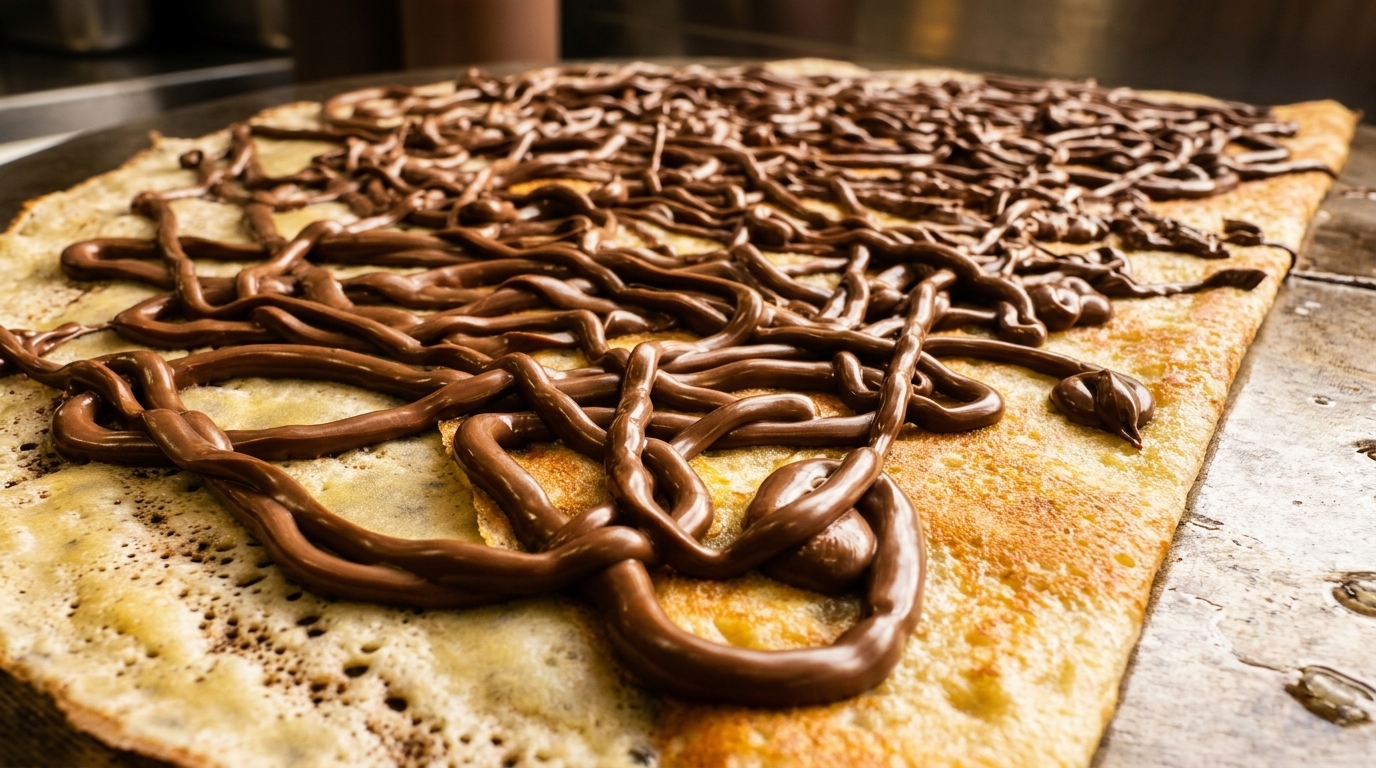 A golden crepe covered with generous drizzles of melted chocolate on a griddle.
