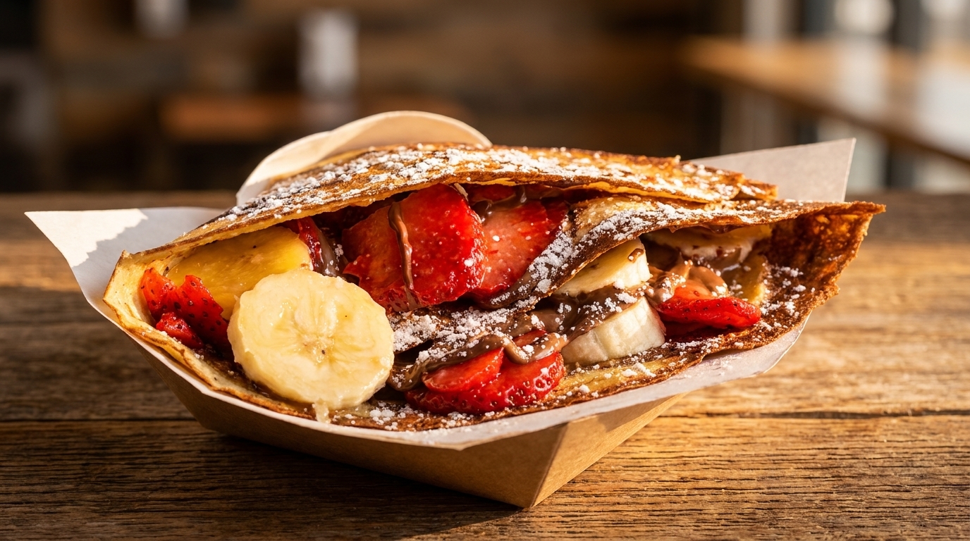 Sweet crepe filled with strawberries, bananas, chocolate sauce, and powdered sugar in a paper holder.