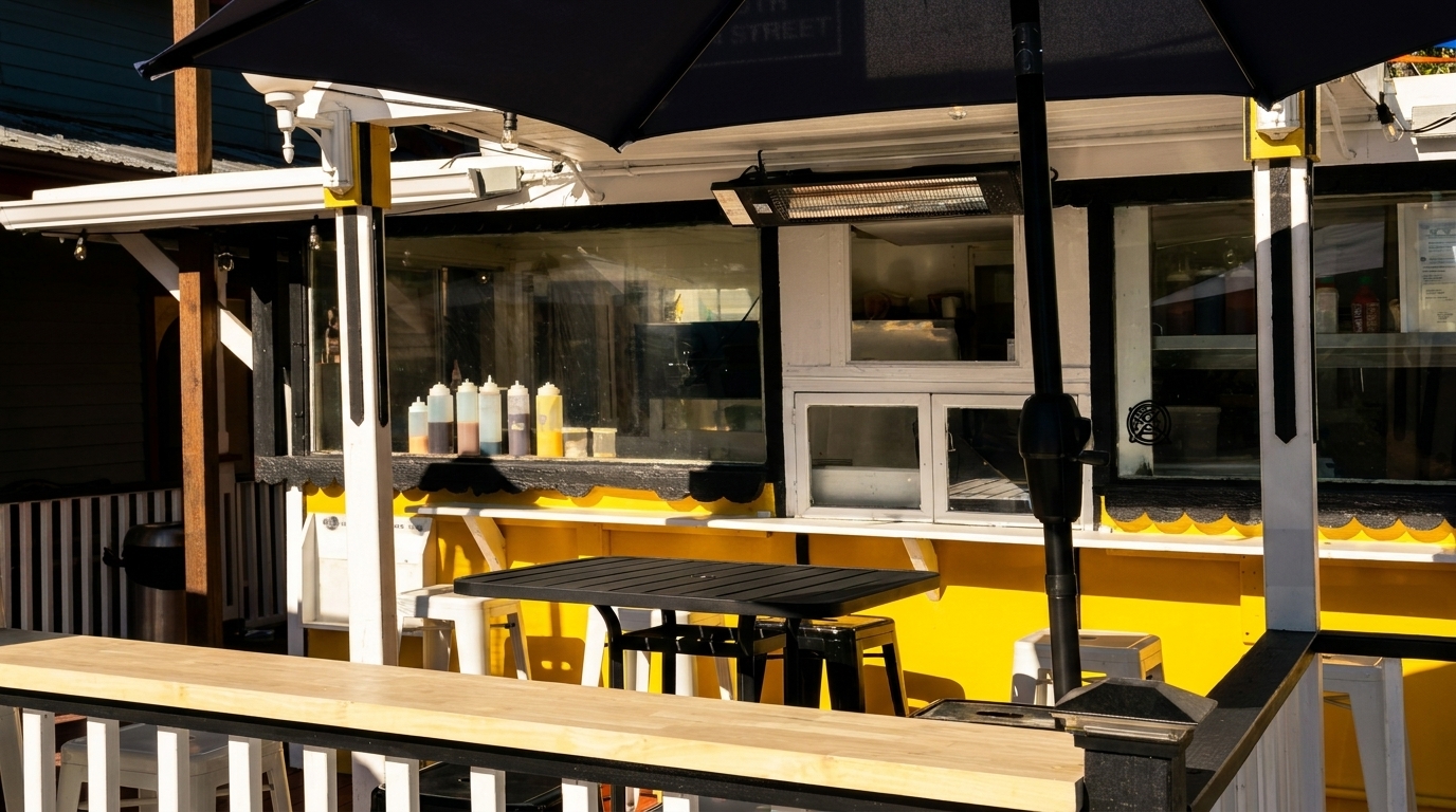 Outdoor seating area with black tables and white stools next to a bright yellow food stand.
