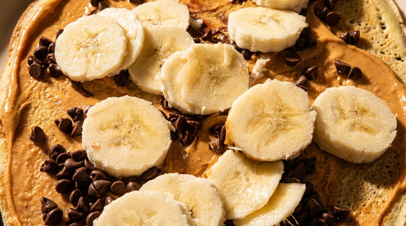 Close-up of a crepe topped with peanut butter, banana slices, and chocolate chips.