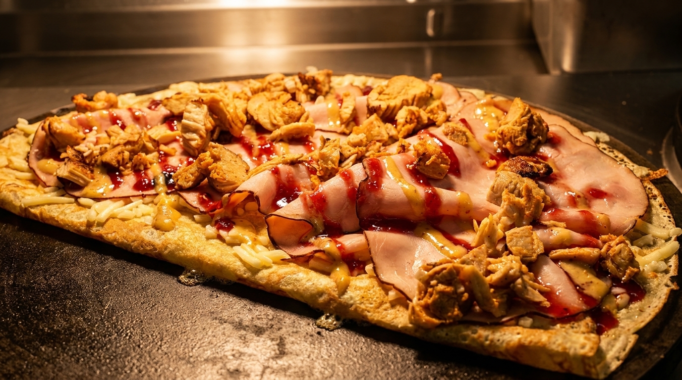 Savory crepe with ham, chicken, cheese, and berry sauce cooking on a griddle.