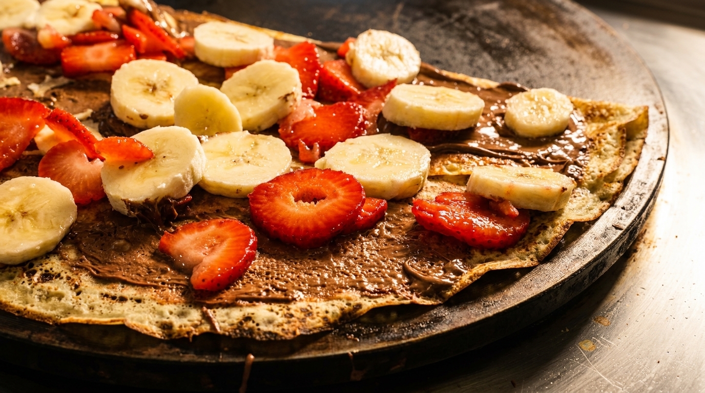 A crepe covered in chocolate spread, sliced bananas, and strawberries on a griddle.