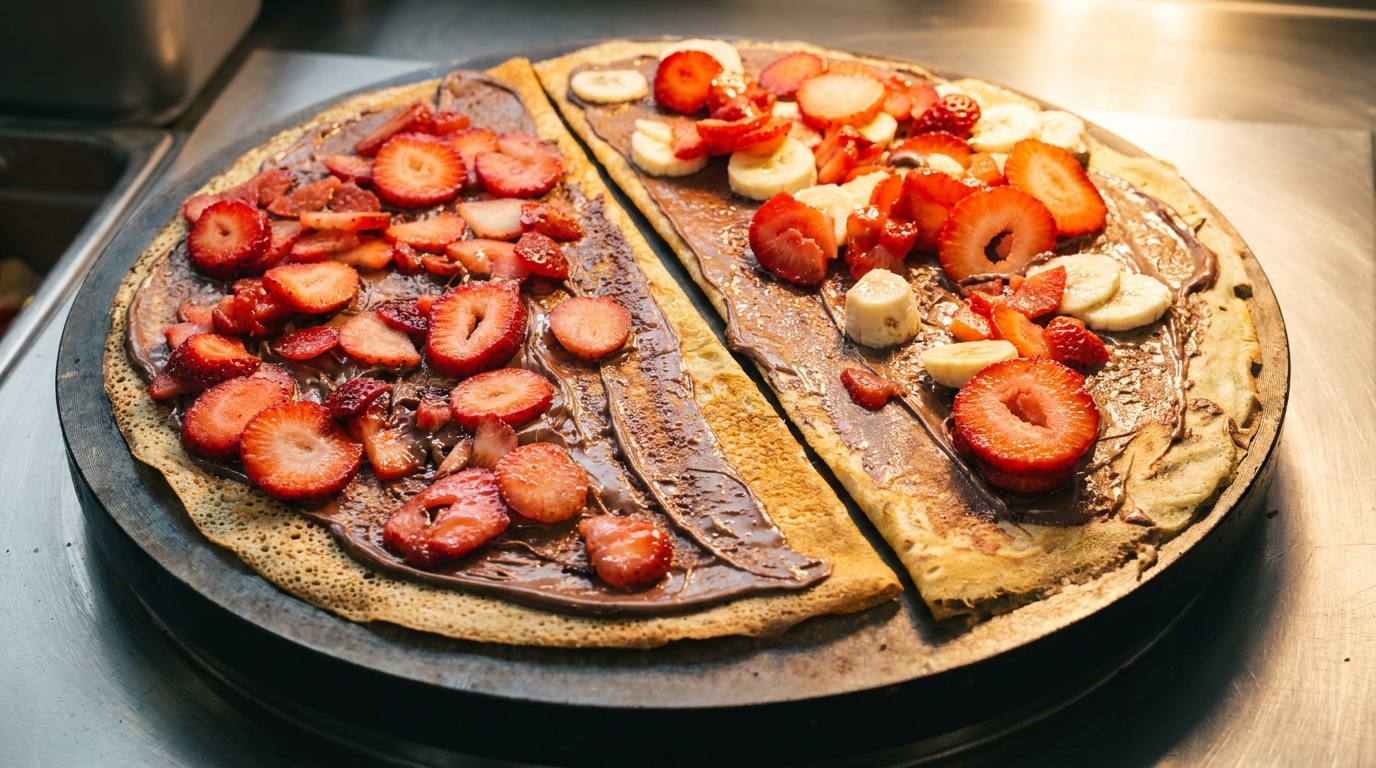 Two crepes on a griddle, one with strawberries, the other with strawberries and bananas.