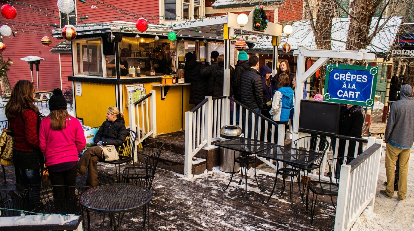 People gather around a yellow "Crêpes à la Cart" food stand with outdoor seating on a snowy day.