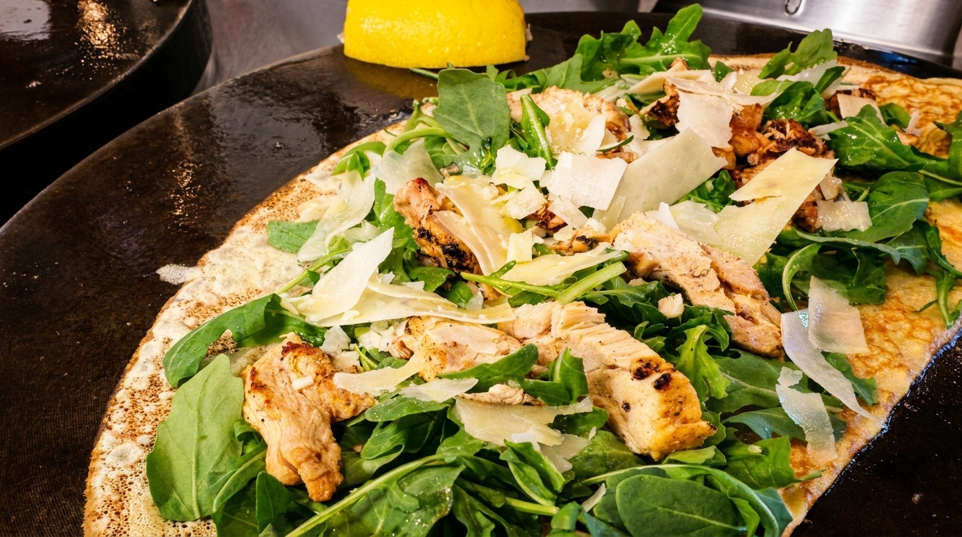Savory crepe with grilled chicken, fresh arugula, and shaved Parmesan cheese on a griddle.