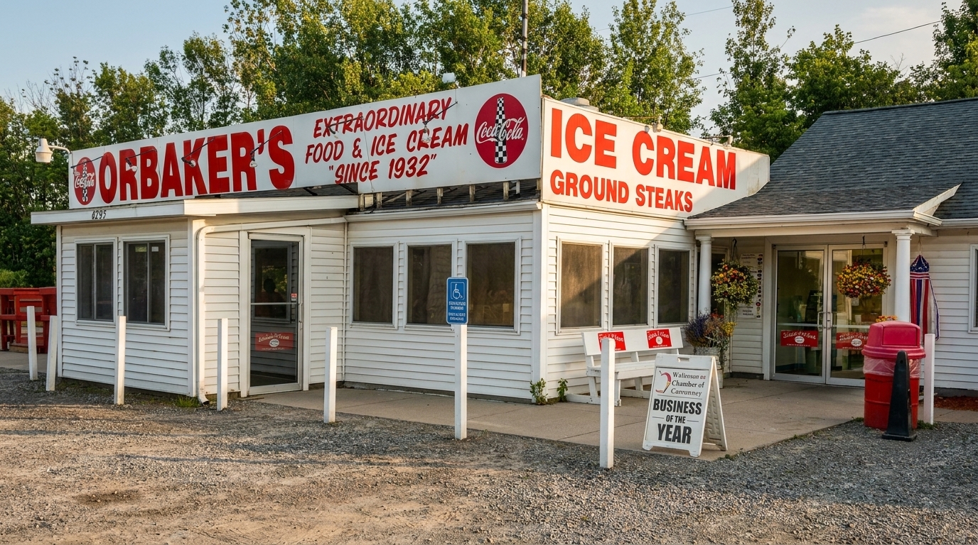 Corbaker's, a white building with red signs for "Extraordinary Food & Ice Cream Since 1932" and "Ground Steaks."