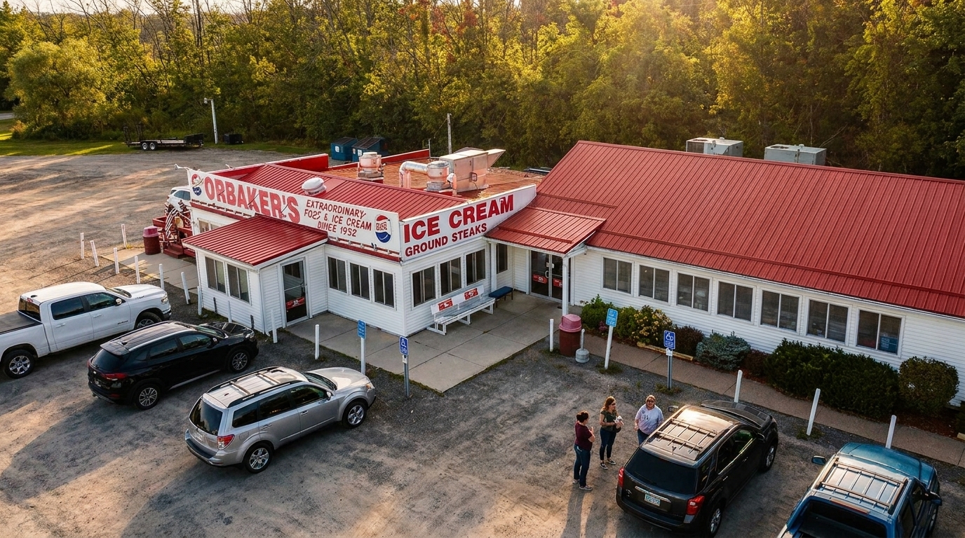 Aerial view of OrbaKer's ice cream and ground steaks restaurant with cars in the parking lot.