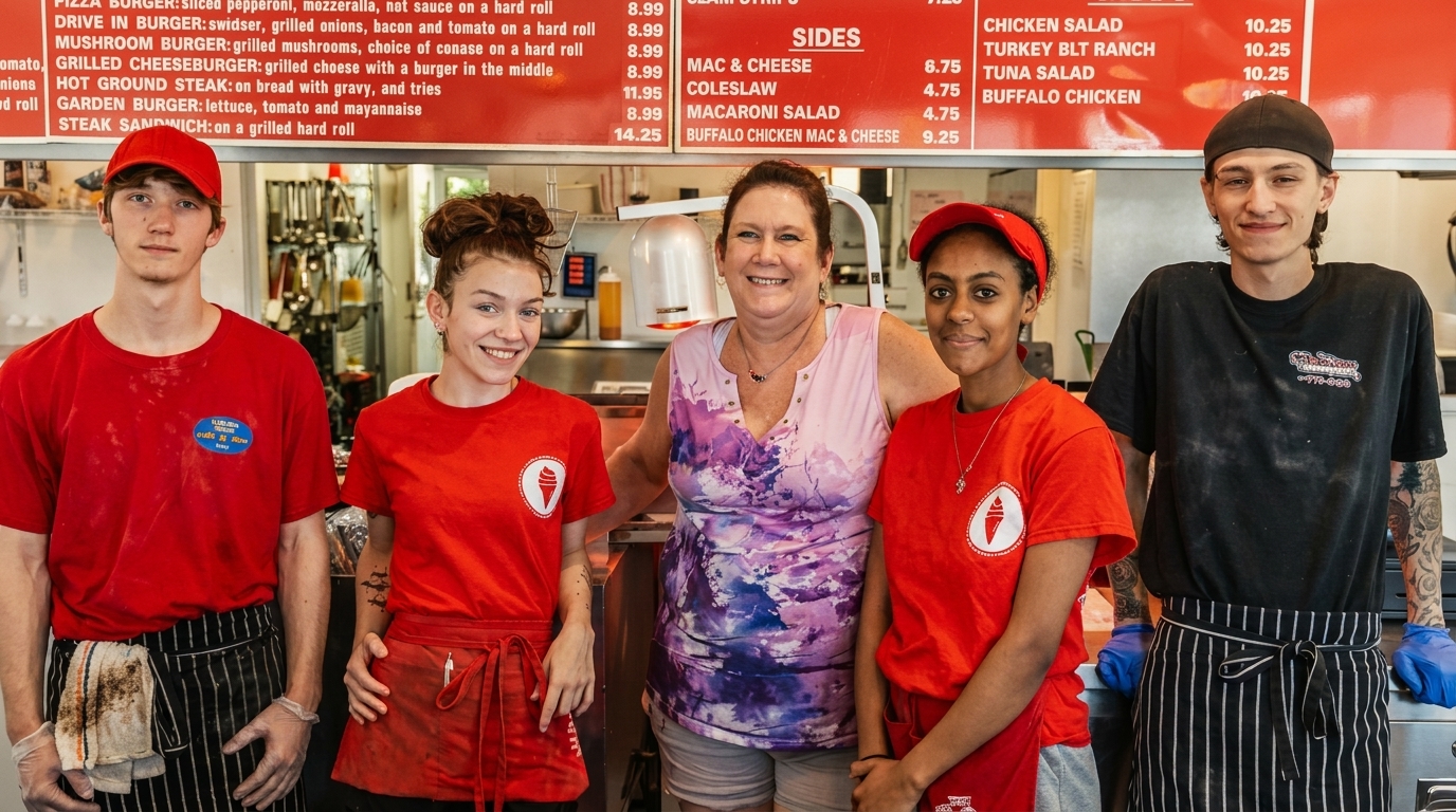 Five smiling restaurant staff members, three in red shirts, one in a patterned top, and one in a black shirt.