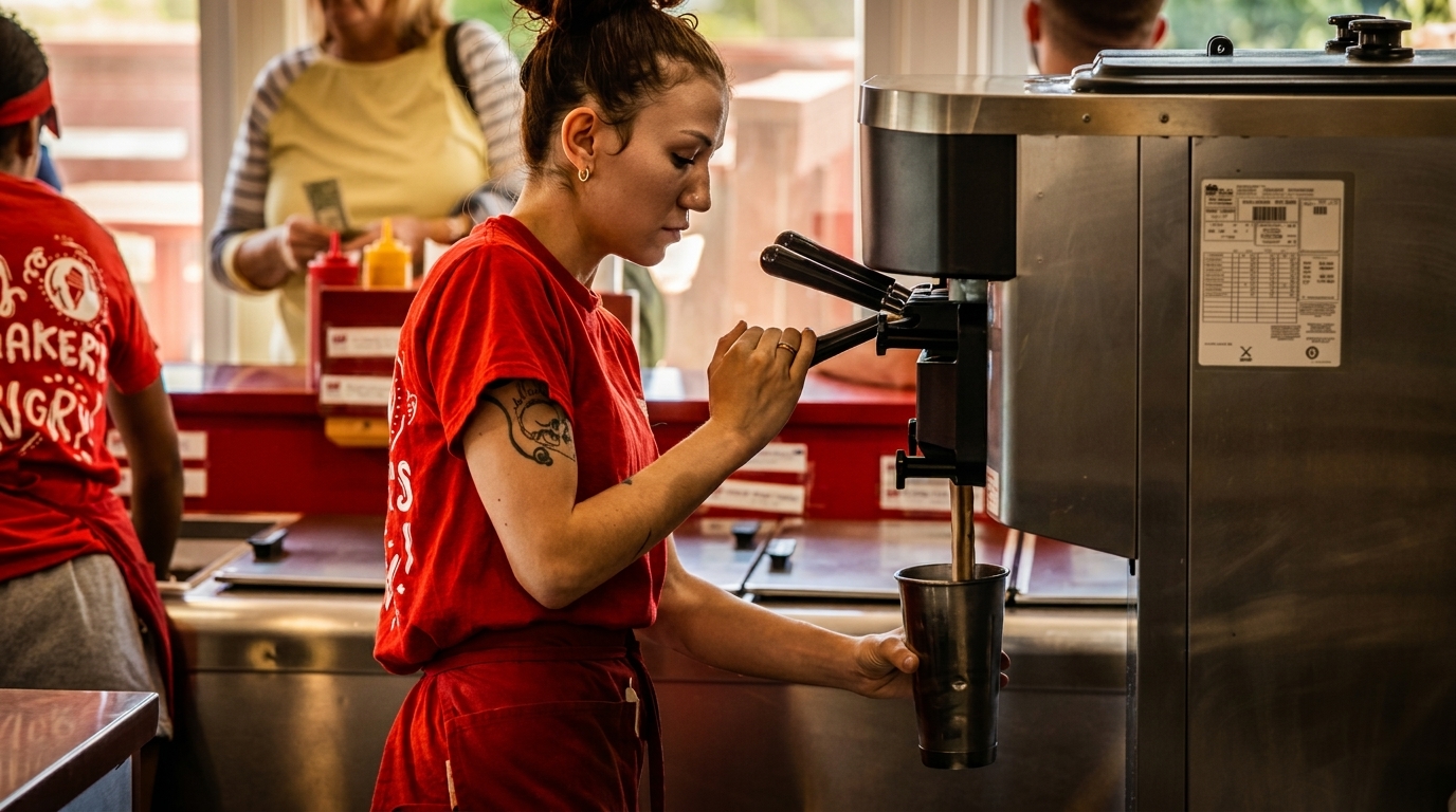 A woman in a red shirt and apron dispenses a drink from a machine into a metal cup.
