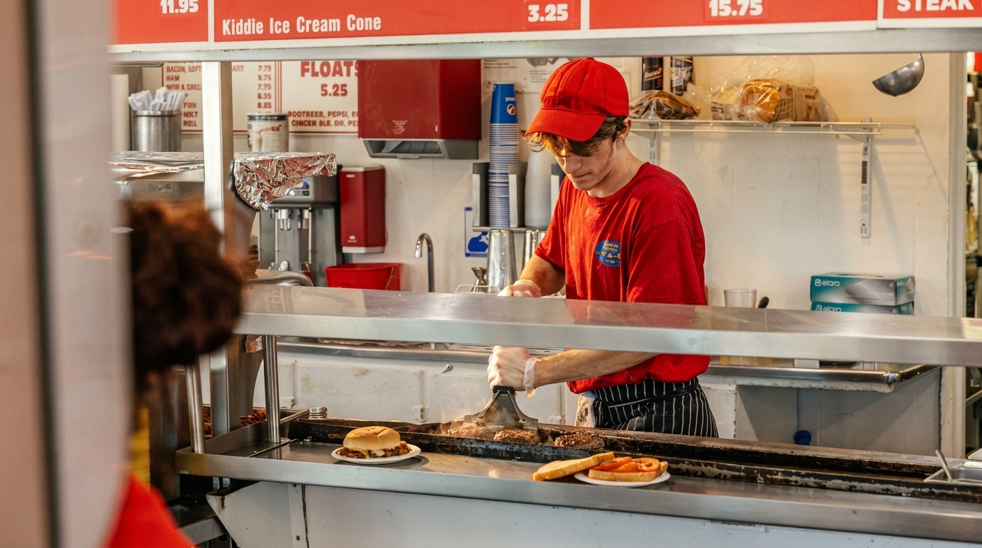 A cook in a red shirt and cap grills burgers behind a counter with menu boards above.