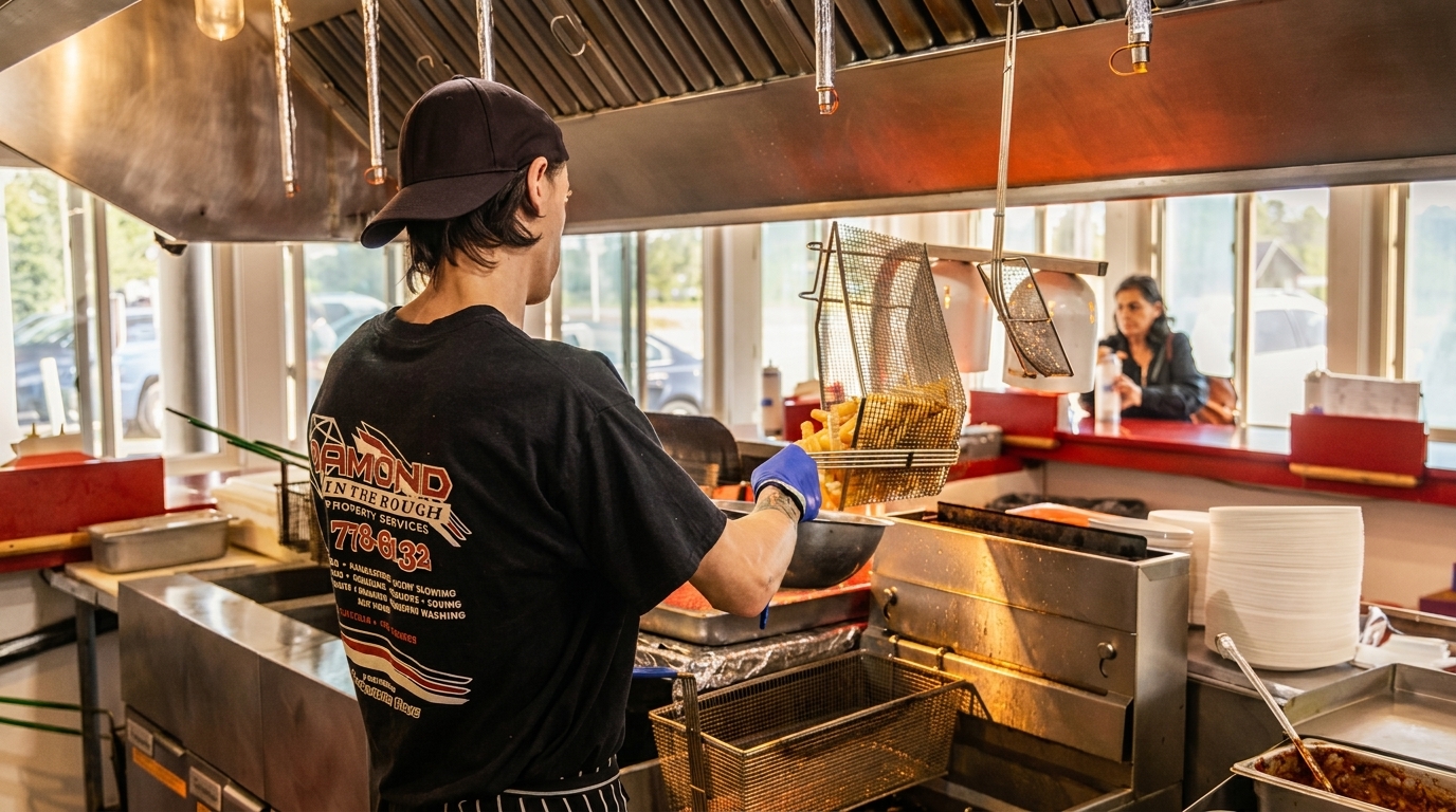A chef in a black cap and shirt fries french fries in a deep fryer, with a customer visible in the background.