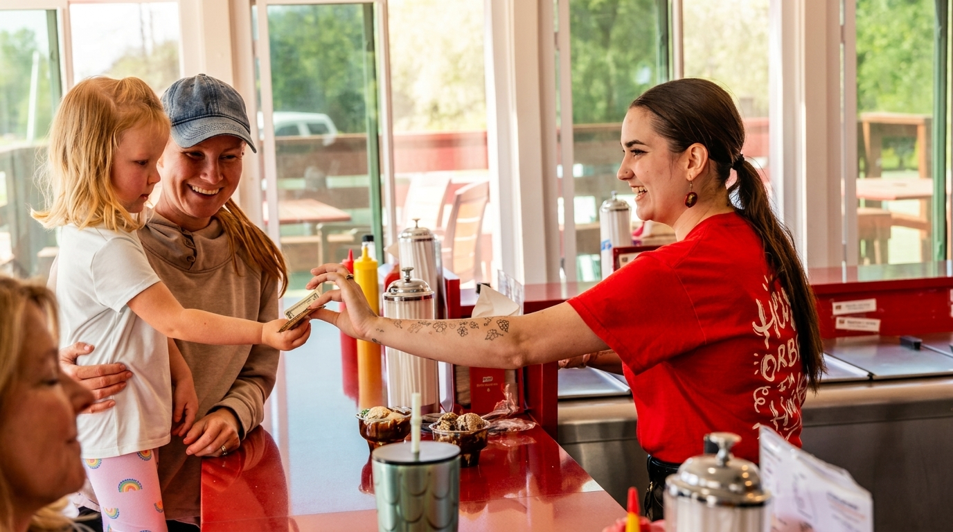 A young girl and her mother paying a smiling female cashier at a restaurant counter.