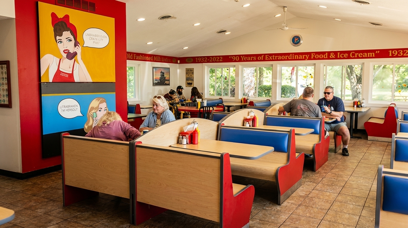 Diners seated in red and blue booths inside a brightly lit restaurant with large windows and pop art.