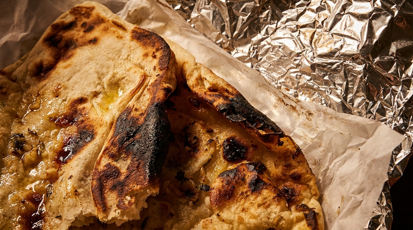 Close-up of golden-brown naan bread with melted butter and herbs, wrapped in parchment and foil.