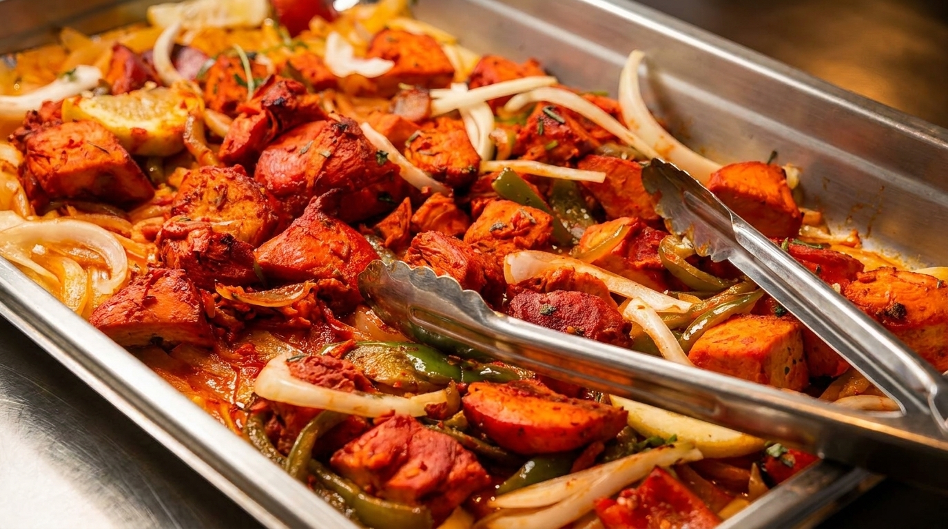Tandoori chicken, onions, and bell peppers in a metal serving tray with tongs.