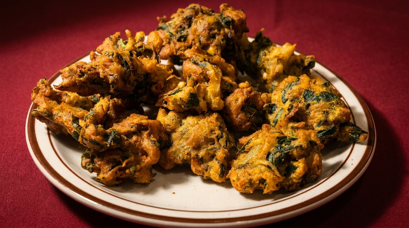 A plate of golden-brown pakoras with visible green herbs, on a white plate with a brown rim.