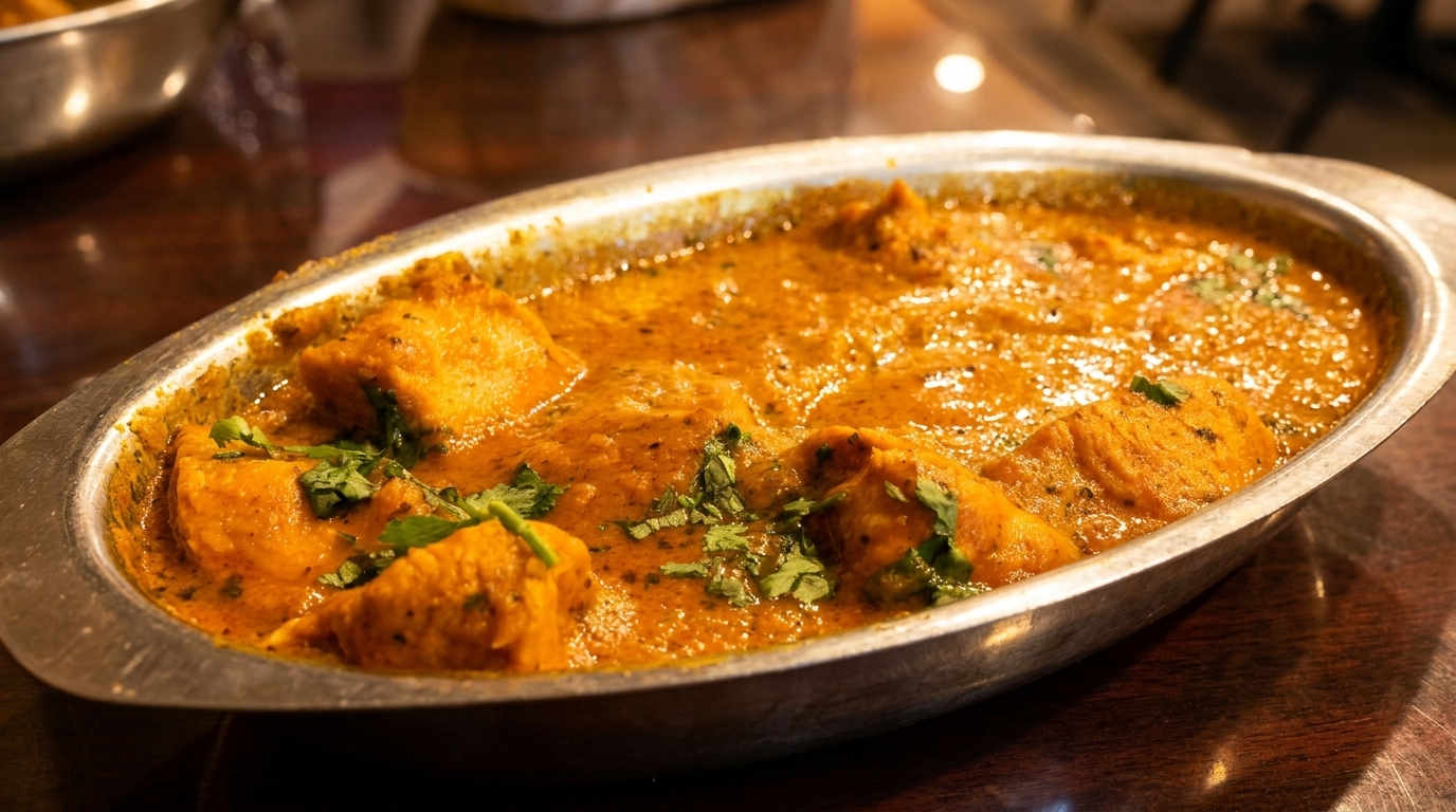 Chicken tikka masala in a metal serving dish, garnished with fresh cilantro.