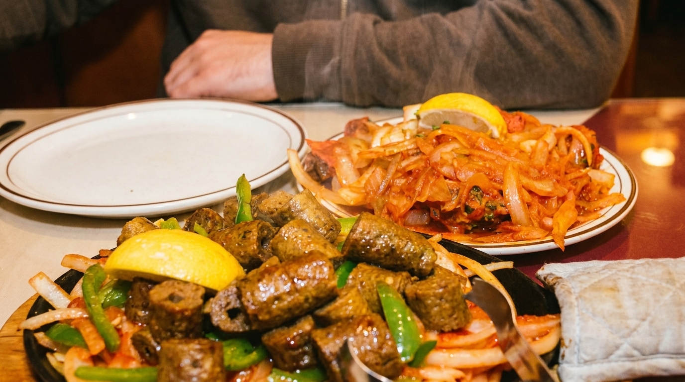 Two plates of Indian food, one with seekh kebabs and the other with chicken tikka, on a table.