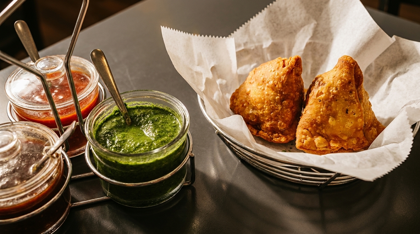 Two golden-brown samosas in a basket with white paper, next to three jars of colorful chutneys.