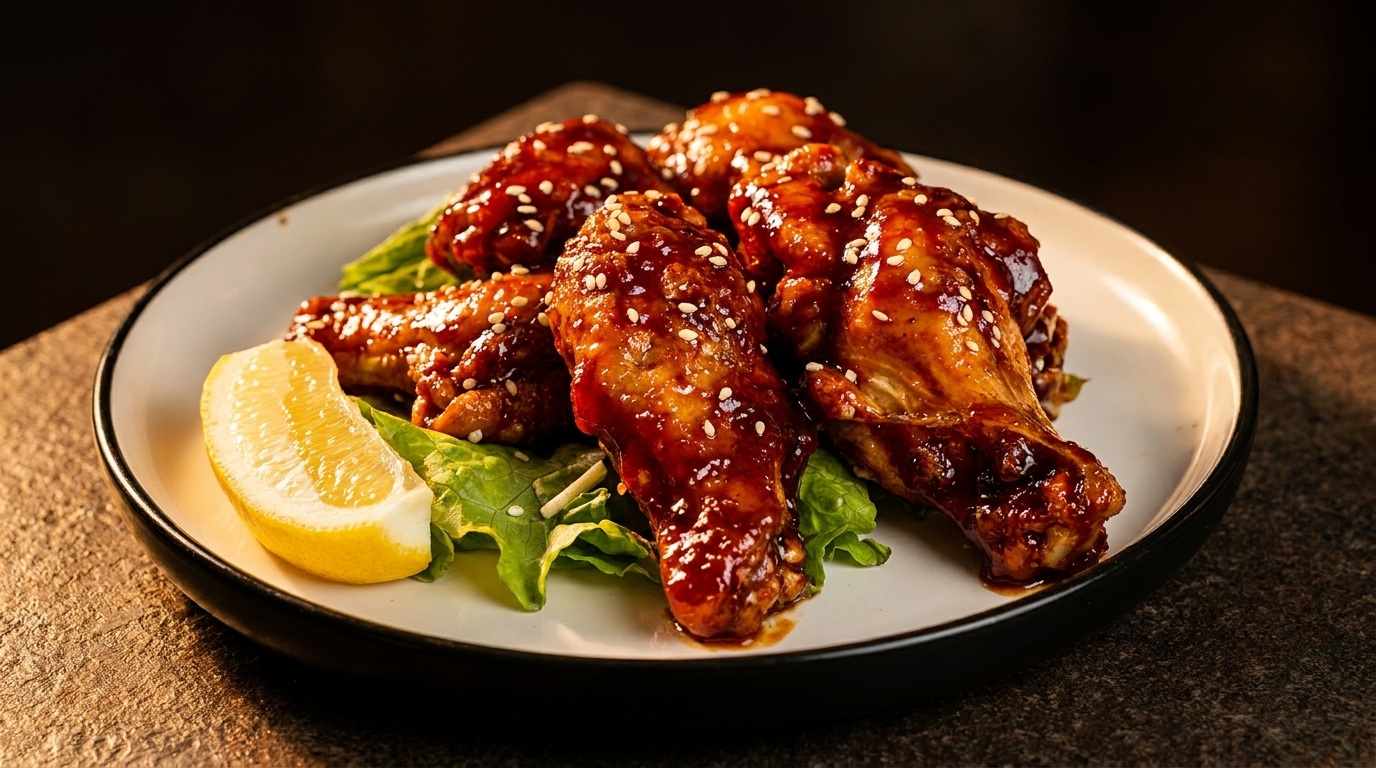 Plate of glazed chicken wings with sesame seeds, lettuce, and a lemon wedge.