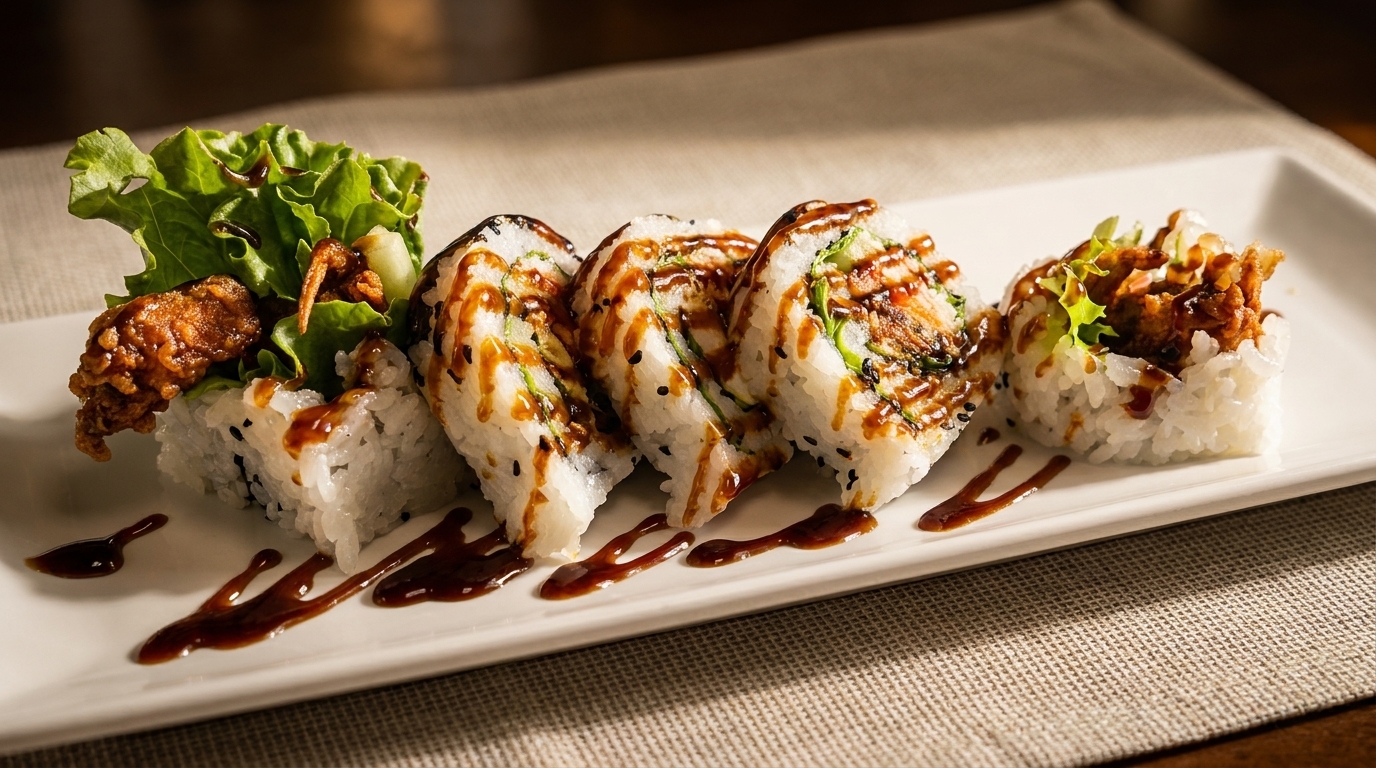 Crispy chicken sushi rolls with lettuce and sauce on a white rectangular plate.