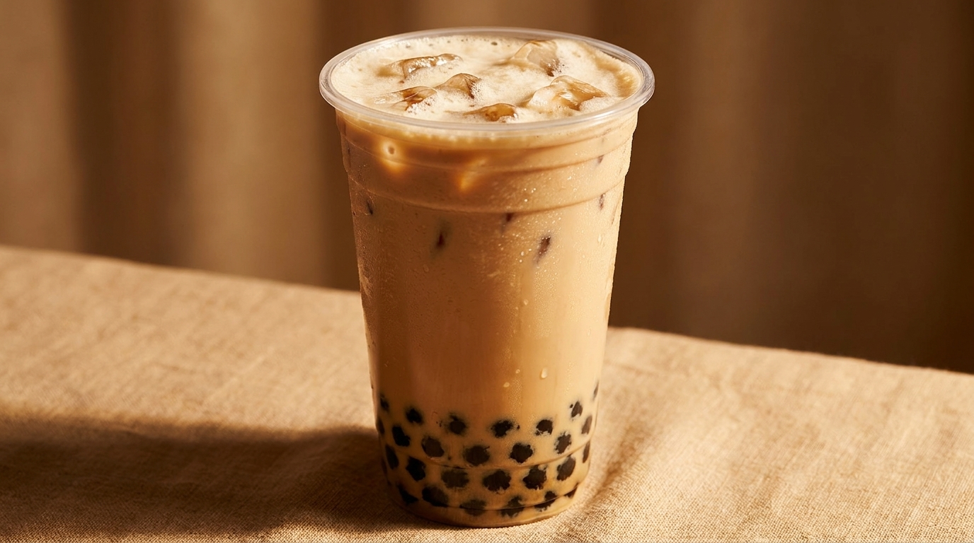 A plastic cup of iced bubble tea with tapioca pearls sits on a light brown tablecloth.