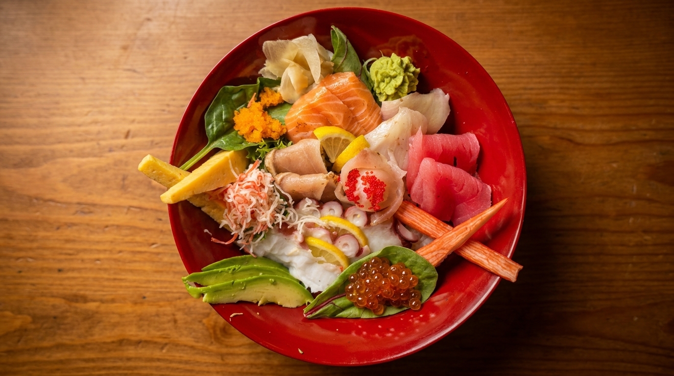 Colorful chirashi bowl with various sashimi, roe, avocado, and crab sticks in a red bowl.