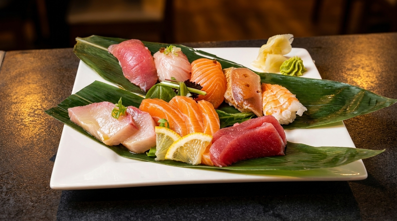 Assorted sashimi and sushi, including tuna, salmon, and shrimp, garnished with lemon and ginger.