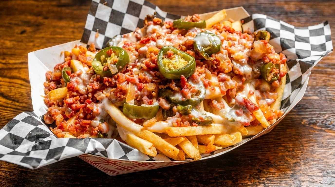 Loaded fries with melted cheese, bacon bits, and sliced jalapeños in a paper tray.