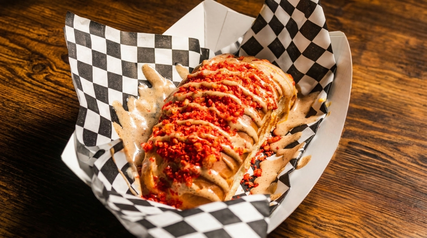 Hot dog with sauce and red crunchy toppings in a checkered paper tray on a wooden table.