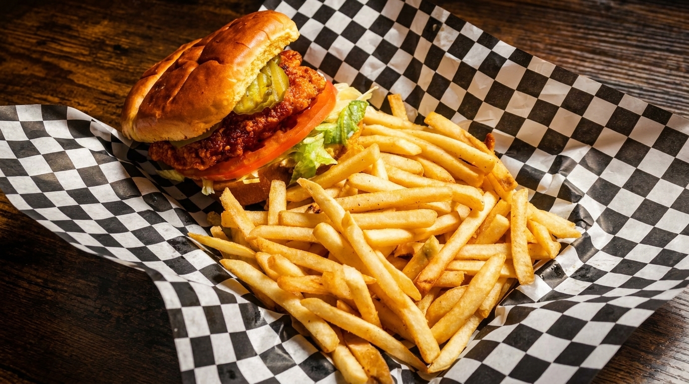 Spicy fried chicken sandwich with pickles, lettuce, and tomato, served with golden fries on checkered paper.