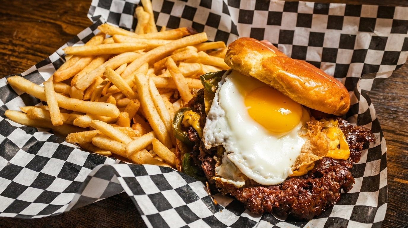 A burger with a fried egg and jalapeños, served with a side of golden french fries.