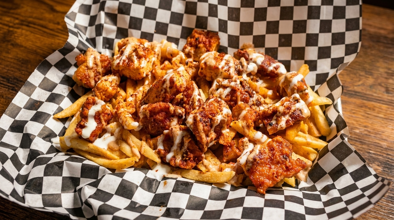 Crispy chicken bites and french fries drizzled with white sauce, served in checkered paper.