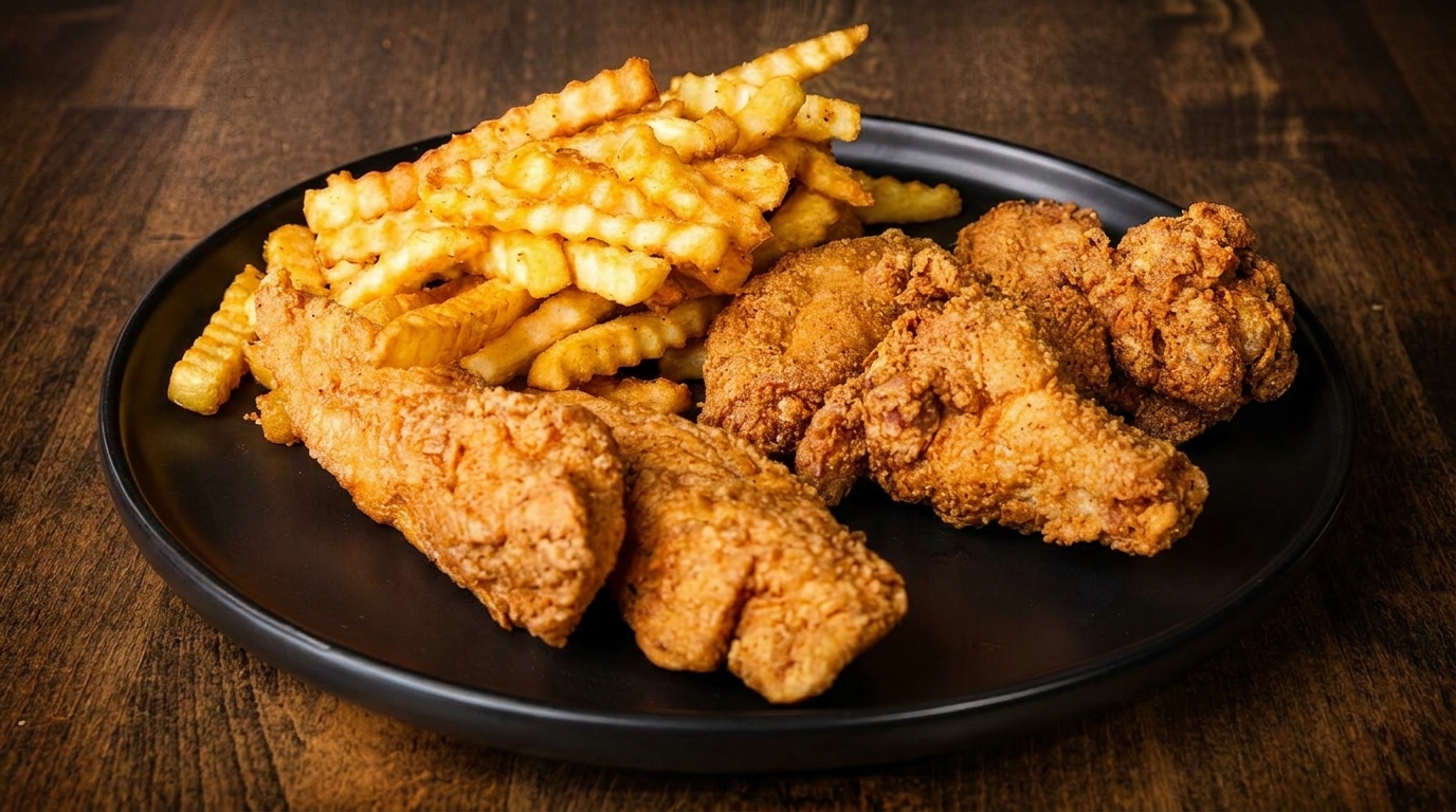 Crispy fried chicken pieces and golden crinkle-cut fries on a black plate.