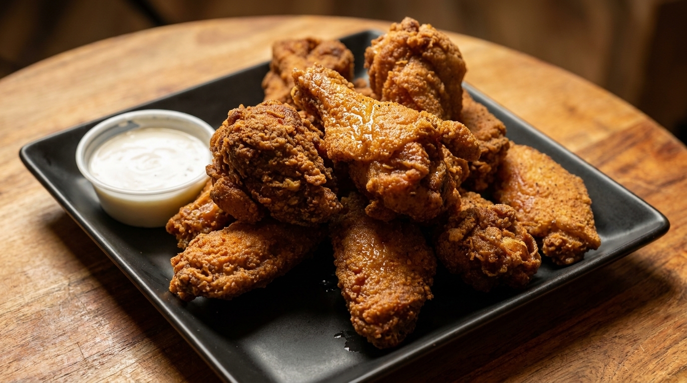 Crispy fried chicken wings on a black plate with a side of ranch dressing on a wooden table.