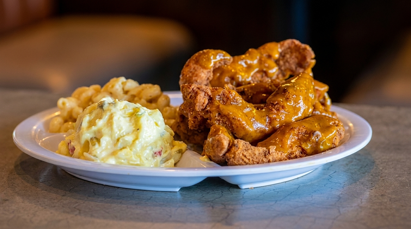 Fried chicken tenders with orange sauce, potato salad, and macaroni and cheese on a white plate.