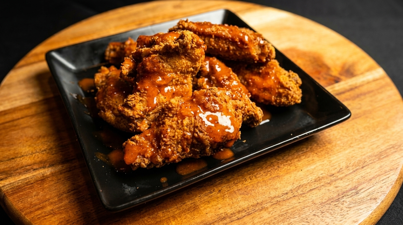 Crispy fried chicken wings drizzled with a sweet and spicy sauce on a black plate.